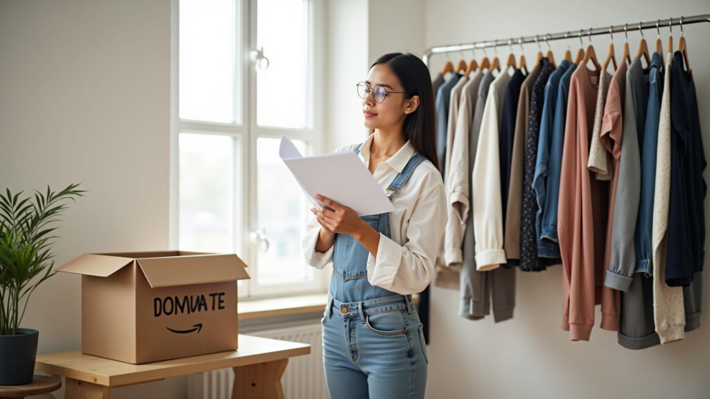 Mulher organizando roupas para doação em ambiente minimalista.