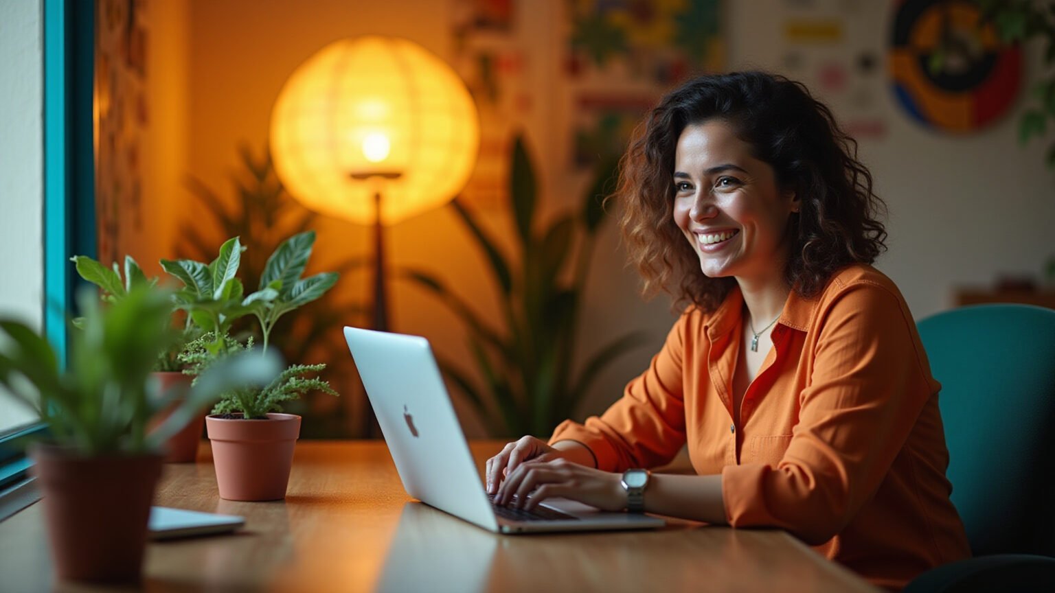 Mulher sorrindo trabalhando online em casa, ganhando renda extra em 2026.
