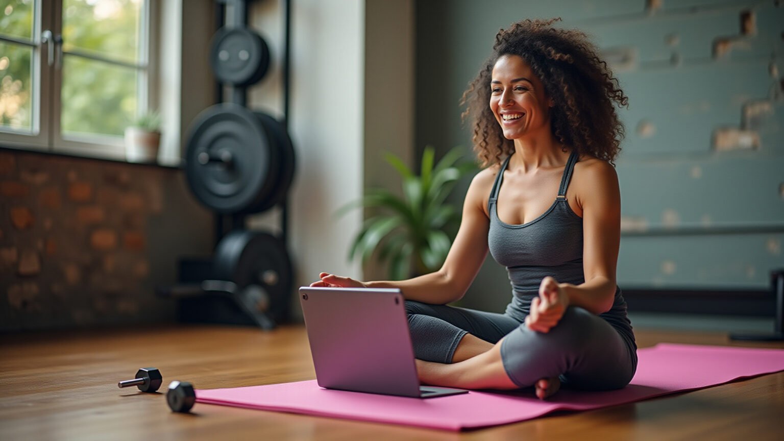 Mulher sorrindo praticando yoga em casa, combinando treino online e equipamentos físicos.