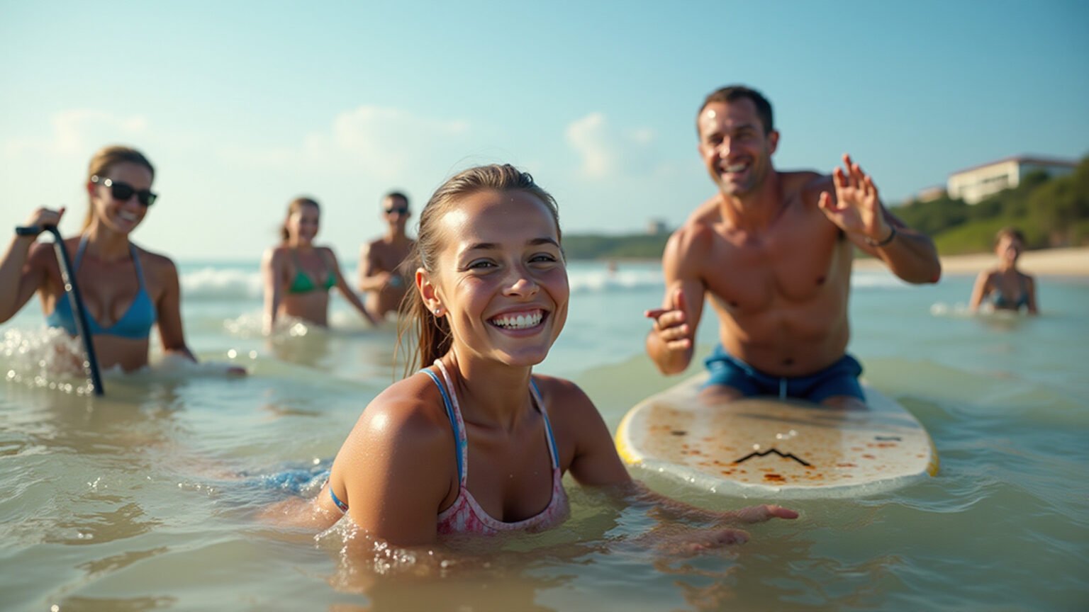 Pessoas praticando esportes aquáticos e queimando calorias na praia.