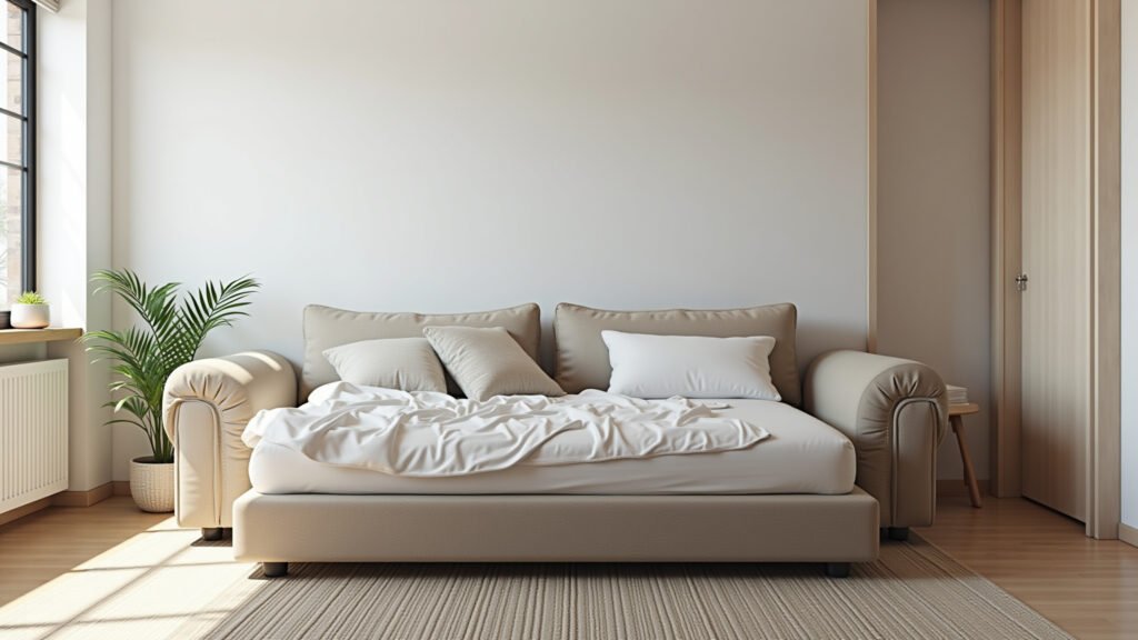 Apartamento minimalista com sofá-cama multifuncional e espaço organizado.