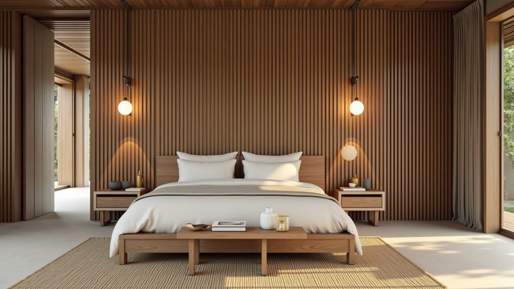 Interior minimalista com materiais naturais como madeira e bambu.