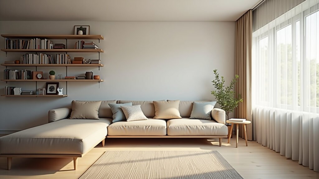 Estantes organizadas em sala minimalista, mantendo a casa limpa.