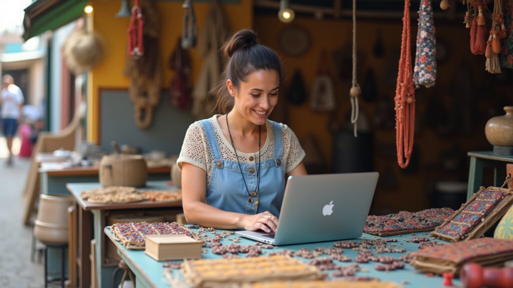 Artesã vendendo produtos online.