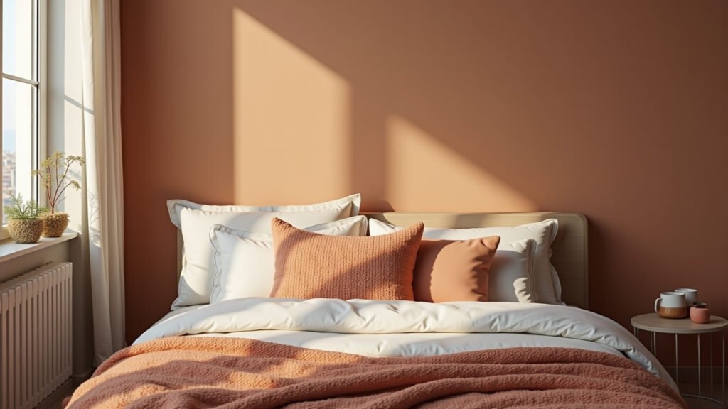 Quarto minimalista com paleta de cores quentes e texturas aconchegantes.