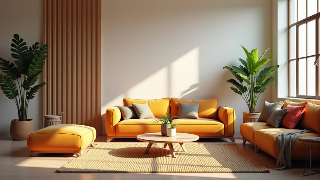 Sala minimalista quente com cores vibrantes e texturas aconchegantes.